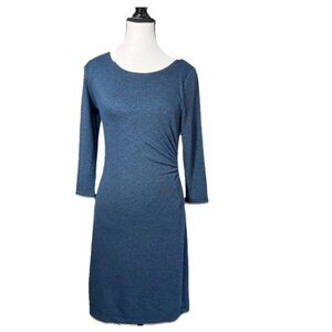 Ann Talor Petite rouched-waist 3/4-sleeve blue stretch sheath midi dress